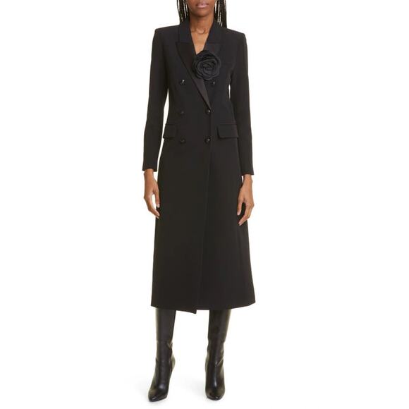 L’Agence Quinton Rosette Detail Long Tuxedo Jacket Coat In Black size 6 - Picture 2 of 15